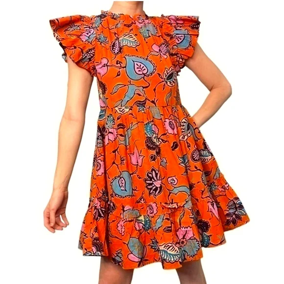 HOUSE OF HARLOW 1960 Floral Dress Ruffle Mini Prairie Cottage Orange M 8 - Picture 8 of 8